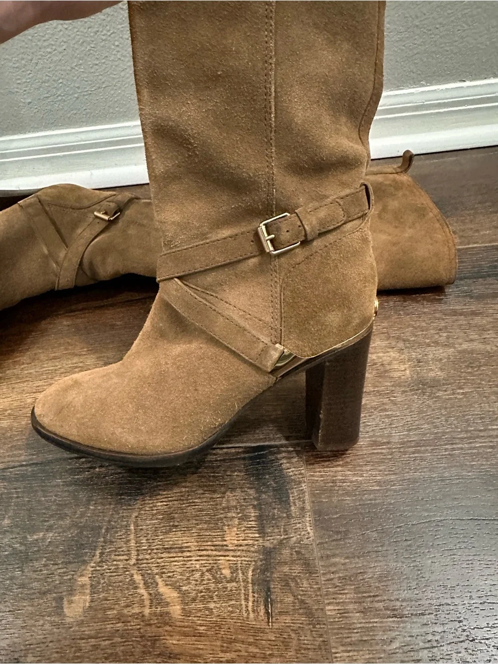 Tory Burch Suede Knee-High Boot with Buckle Detail - Tan 8 1/2